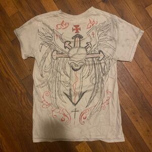 Winged Skull Cross Graphic Tee - White with Black & Red Design
